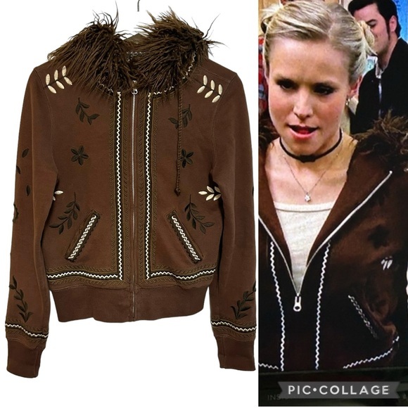 RARE Y2K Lucky brand S zip up sweatshirt fur hood Veronica Mars embroidery indie - Picture 1 of 15